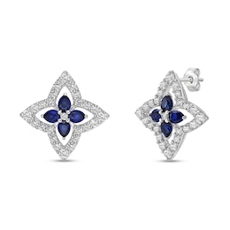 Pear-Shaped Blue and White Lab-Created Sapphire Open Petal Frame Quartet Floral Stud Earrings in Sterling Silver