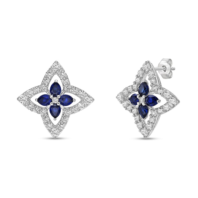 Main Image 1 of Pear-Shaped Blue and White Lab-Created Sapphire Open Petal Frame Quartet Floral Stud Earrings in Sterling Silver