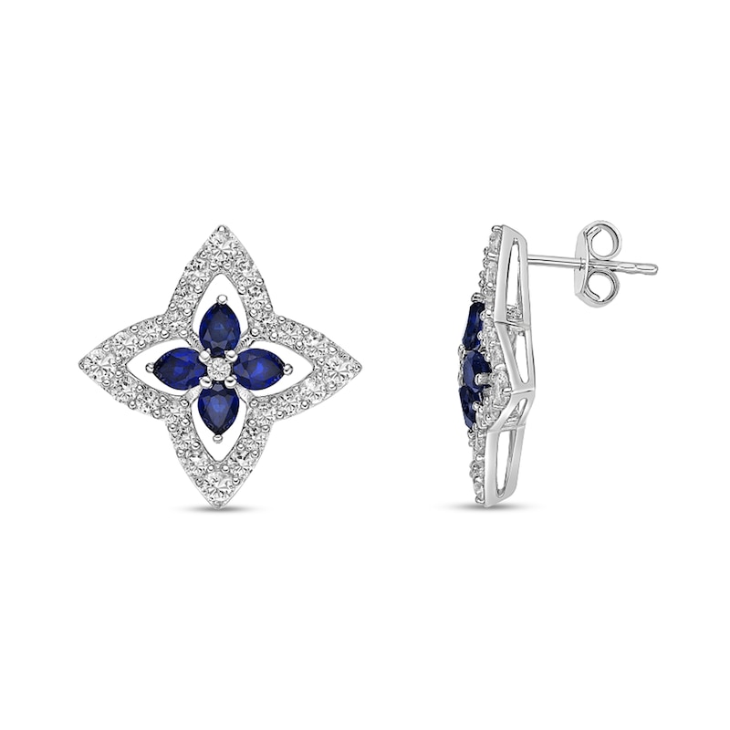 Main Image 2 of Pear-Shaped Blue and White Lab-Created Sapphire Open Petal Frame Quartet Floral Stud Earrings in Sterling Silver