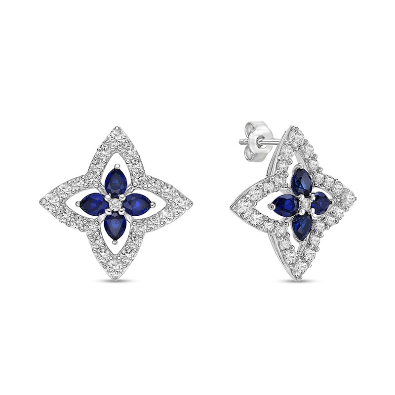 Main Image 3 of Pear-Shaped Blue and White Lab-Created Sapphire Open Petal Frame Quartet Floral Stud Earrings in Sterling Silver