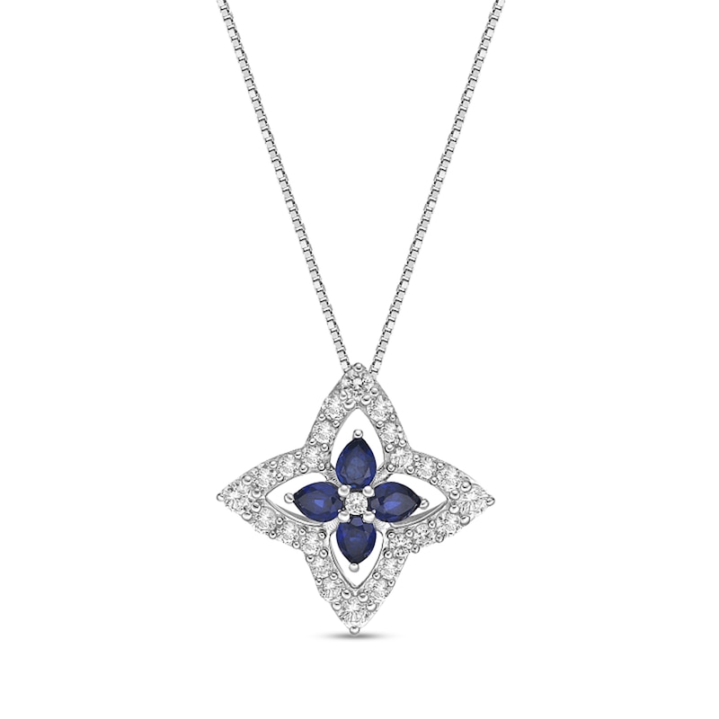 Main Image 1 of Pear-Shaped Blue and White Lab-Created Sapphire Open Petal Frame Quartet Floral Pendant in Sterling Silver