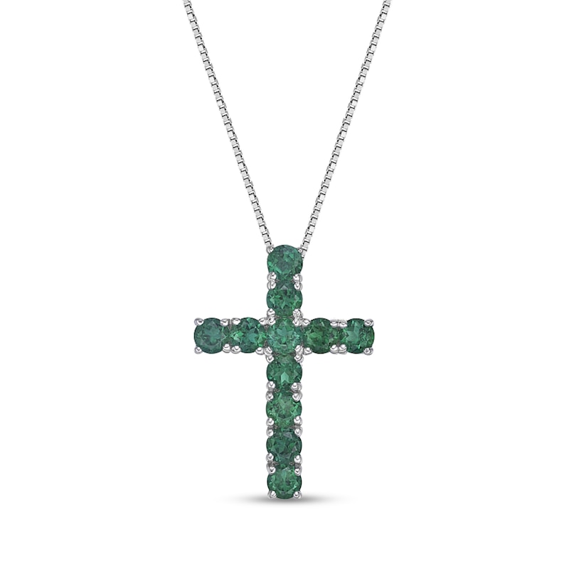 Main Image 1 of Lab-Created Emerald Cross Pendant in Sterling Silver