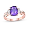 Thumbnail Image 1 of Cushion-Cut Amethyst and Baguette White Topaz Collar Twist Shank Ring in Sterling Silver with 18K Rose Gold Plate