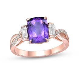 Cushion-Cut Amethyst and Baguette White Topaz Collar Twist Shank Ring in Sterling Silver with 18K Rose Gold Plate