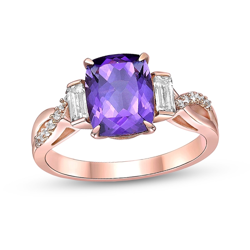 Main Image 1 of Cushion-Cut Amethyst and Baguette White Topaz Collar Twist Shank Ring in Sterling Silver with 18K Rose Gold Plate