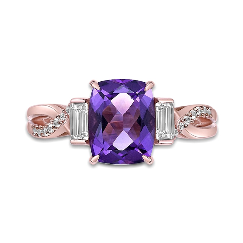 Main Image 4 of Cushion-Cut Amethyst and Baguette White Topaz Collar Twist Shank Ring in Sterling Silver with 18K Rose Gold Plate