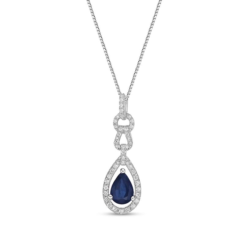 Main Image 1 of Pear-Shaped Blue Sapphire and 1/4 CT. T.W. Diamond Open Frame Teardrop Doorknocker Pendant in 10K White Gold