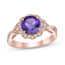 8.0mm Amethyst and White Topaz Scallop Marquise Frame Vintage-Style Ring in Sterling Silver with 18K Rose Gold Plate