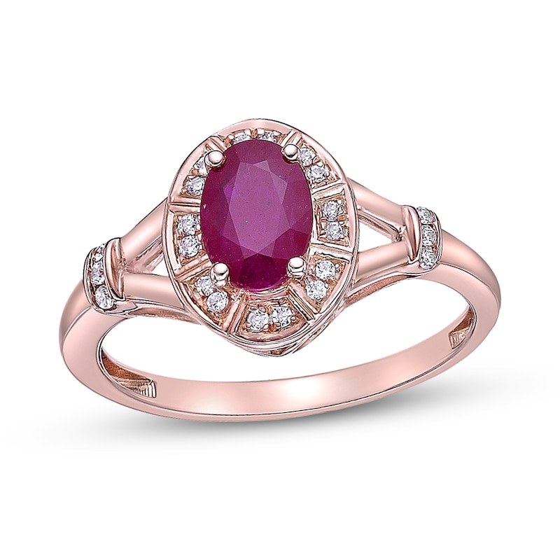 Main Image 1 of Oval Ruby and 1/10 CT. T.W. Diamond Duo Station Frame Collar Split Shank Ring in 10K Rose Gold