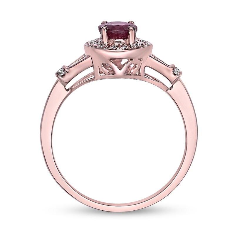 Main Image 3 of Oval Ruby and 1/10 CT. T.W. Diamond Duo Station Frame Collar Split Shank Ring in 10K Rose Gold