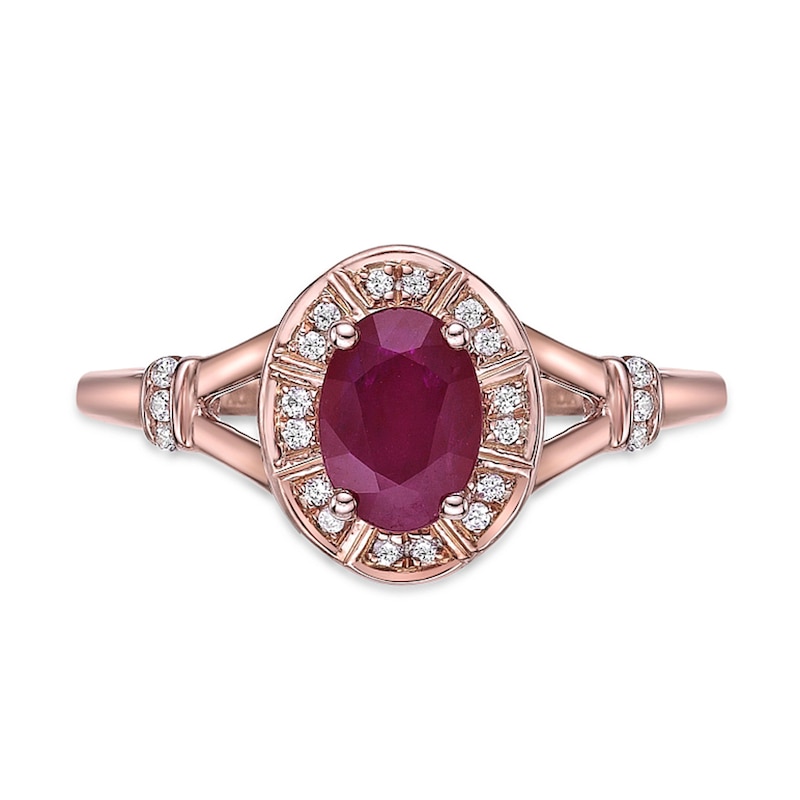 Main Image 4 of Oval Ruby and 1/10 CT. T.W. Diamond Duo Station Frame Collar Split Shank Ring in 10K Rose Gold