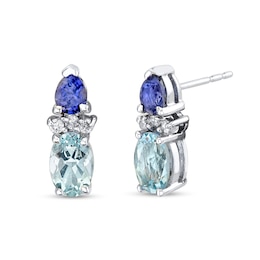 Oval Aquamarine, Pear-Shaped Iolite and 1/20 CT. T.W. Diamond Drop Earrings in 14K White Gold