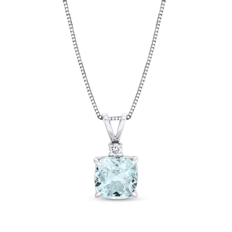 Main Image 1 of 7.0mm Cushion-Cut Aquamarine and Diamond Accent Pendant in 14K White Gold