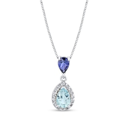 Pear-Shaped Aquamarine, Iolite and 1/6 CT. T.W. Diamond Frame Drop Pendant in 14K White Gold
