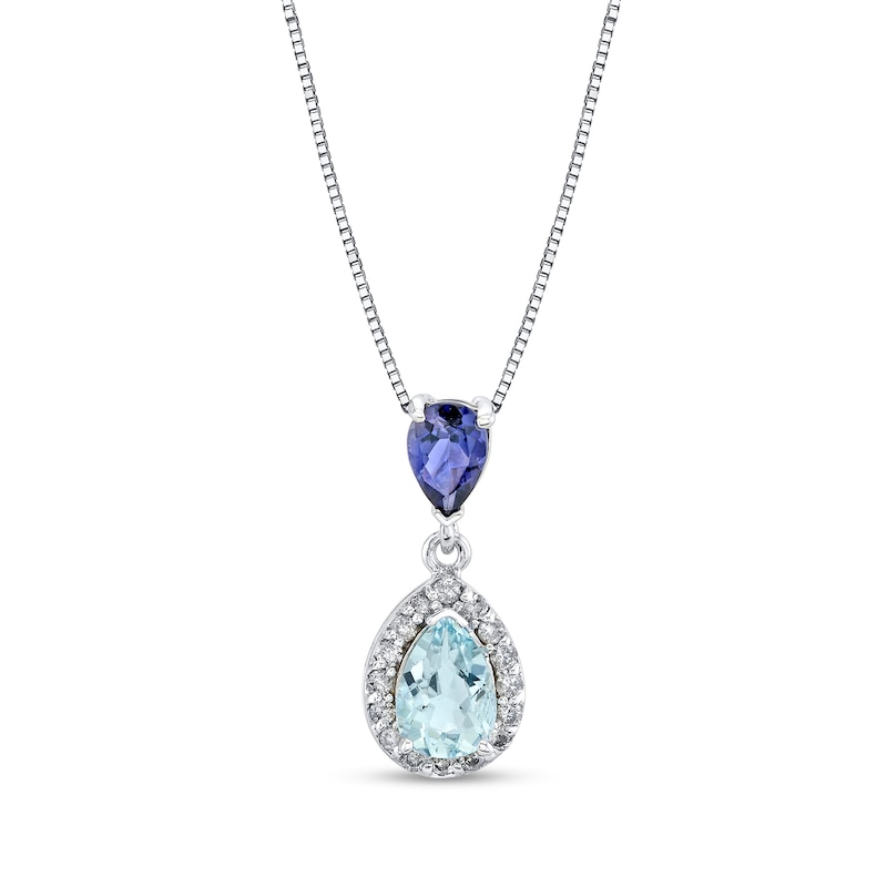 Main Image 1 of Pear-Shaped Aquamarine, Iolite and 1/6 CT. T.W. Diamond Frame Drop Pendant in 14K White Gold