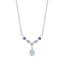 Pear-Shaped Aquamarine, Iolite and 1/20 CT. T.W. Diamond Vintage-Style Drop Necklace in 14K White Gold - 16&quot;