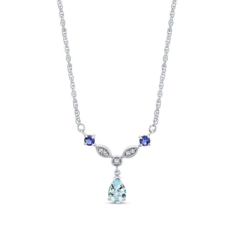 Main Image 1 of Pear-Shaped Aquamarine, Iolite and 1/20 CT. T.W. Diamond Vintage-Style Drop Necklace in 14K White Gold - 16&quot;