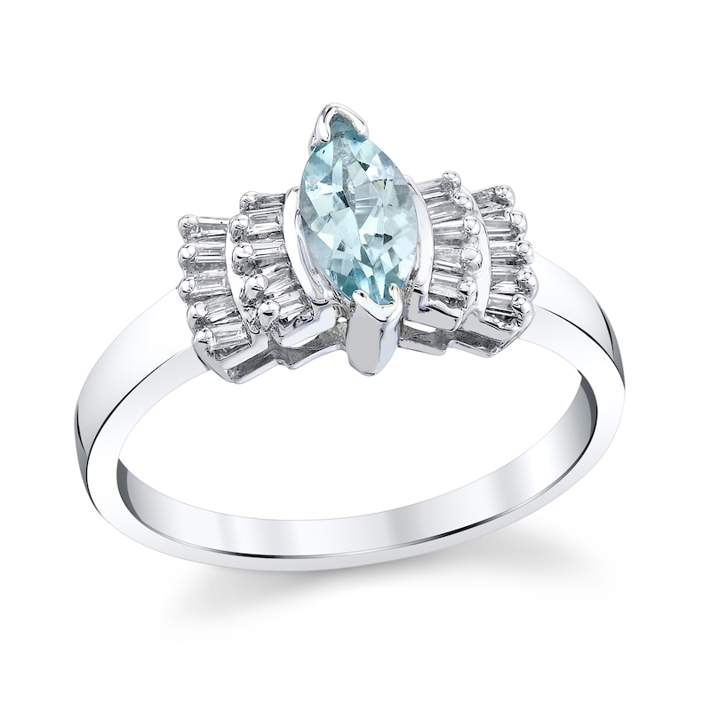 Main Image 1 of Marquise-Cut Aquamarine and 1/5 CT. T.W. Baguette Diamond Tiered Collar Ring in 14K White Gold