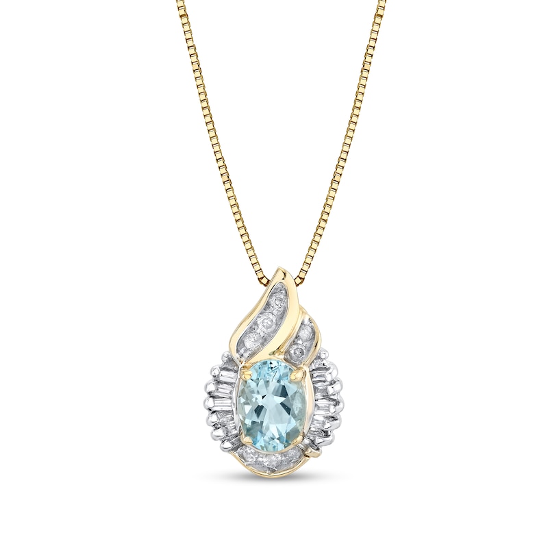 Oval Aquamarine and 1/5 CT. T.W. Baguette Diamond Flame Pendant in 14K Gold