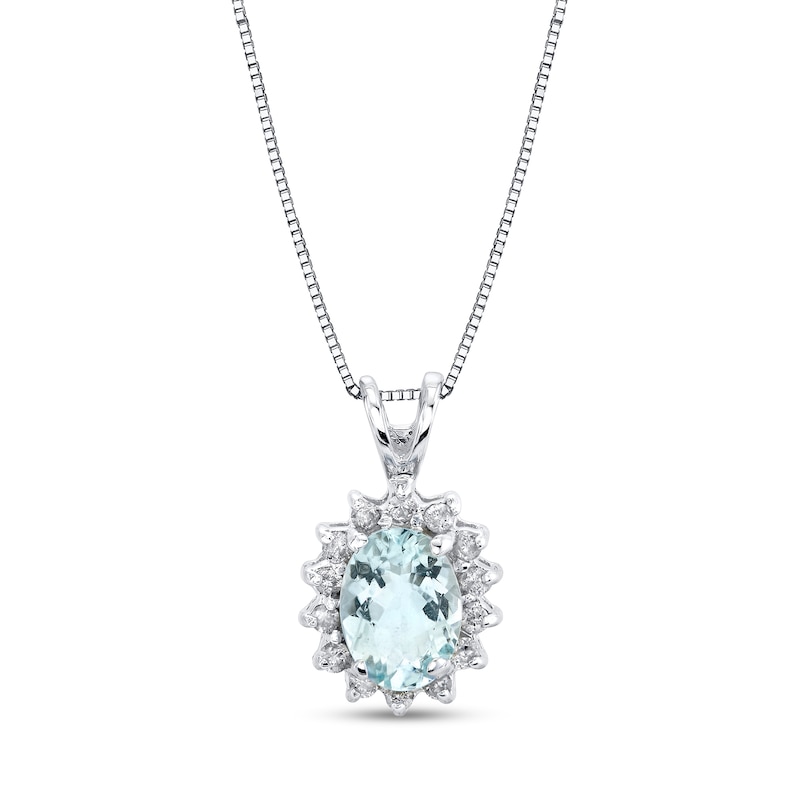 Main Image 1 of Oval Aquamarine and 1/5 CT. T.W. Diamond Sunburst Frame Pendant in 14K White Gold