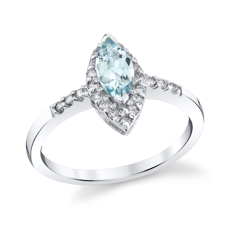 Main Image 1 of Marquise-Cut Aquamarine and 1/5 CT. T.W. Diamond Frame Ring in 14K White Gold