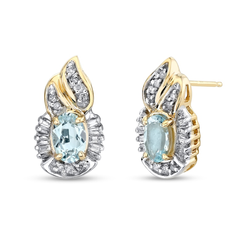 Main Image 1 of Oval Aquamarine and 1/3 CT. T.W. Baguette Diamond Frame Flame Stud Earrings in 14K Gold