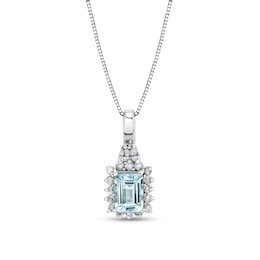 Emerald-Cut Aquamarine and 1/4 CT. T.W. Diamond Sunburst Frame Pendant in 14K White Gold