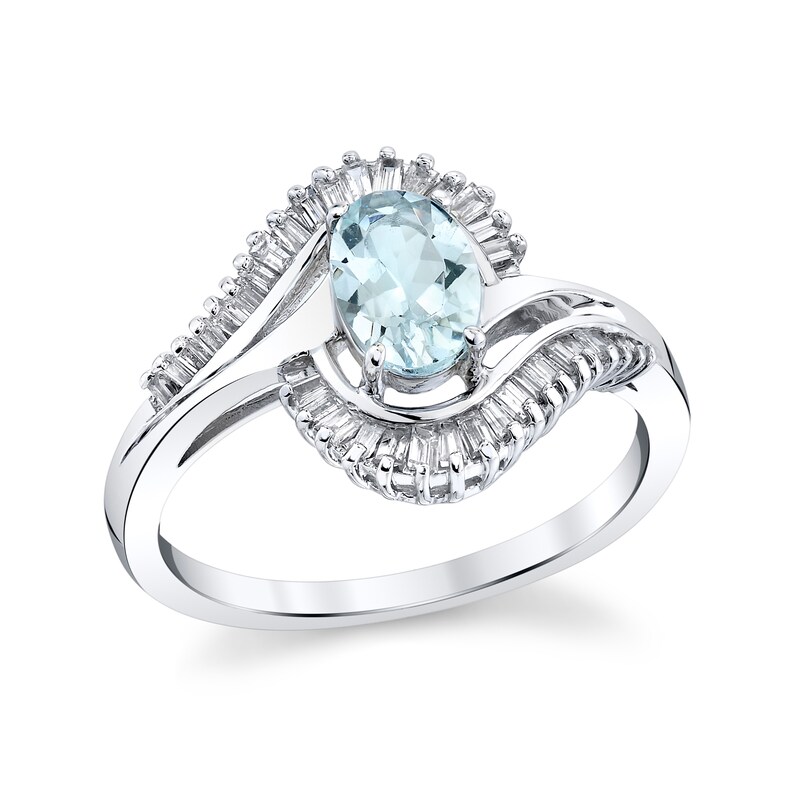 Main Image 1 of Oval Aquamarine and 1/3 CT. T.W. Baguette Diamond Frame Bypass Ring in 14K White Gold