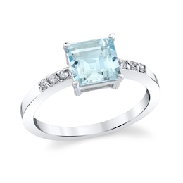 7.0mm Princess-Cut Aquamarine and 1/10 CT. T.W. Diamond Ring in 14K White Gold