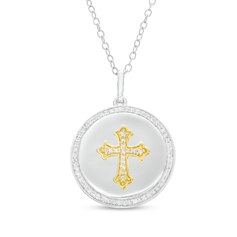 1/4 CT. T.W. Diamond Gothic-Style Cross Circle Pendant in Sterling Silver and 10K Gold