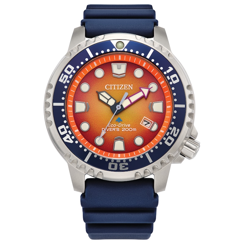 Main Image 1 of Men's Citizen Eco-Drive® Promaster Dive Blue Strap Watch with Orange Dial (Model: BN0169-03X)