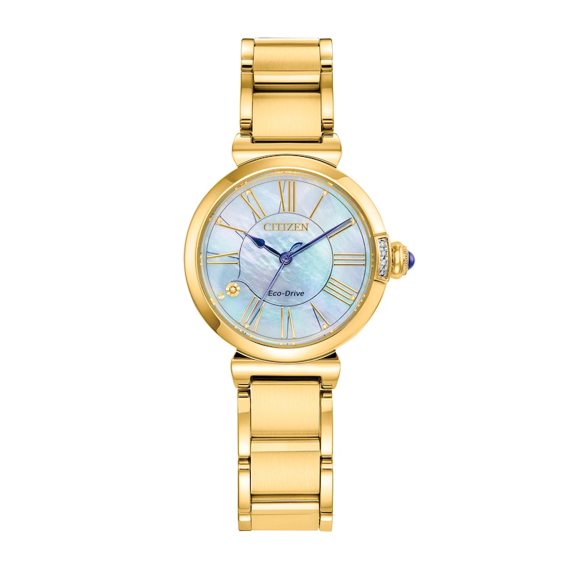 Main Image 1 of Ladies' Citizen Eco-Drive® L Mae Diamond Accent Gold-Tone Watch with Mother-of-Pearl Dial (Model: EM1062-57D)