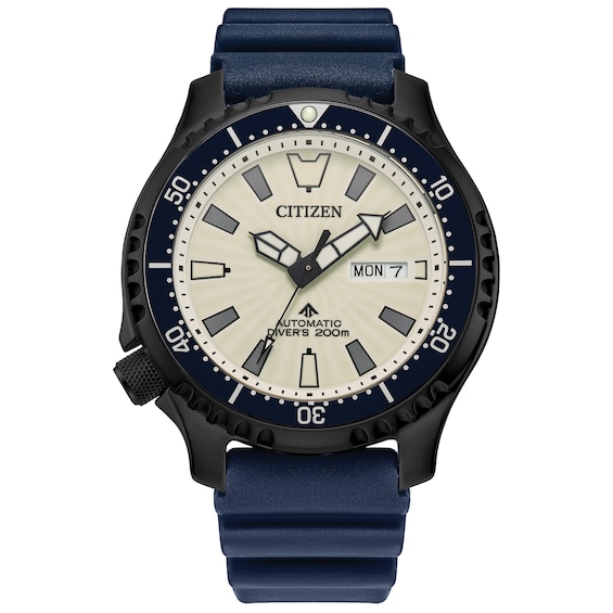 Men's Citizen Promaster Dive Automatic Black PVD Blue Strap Watch with White Dial (Model: NY0137-09A)