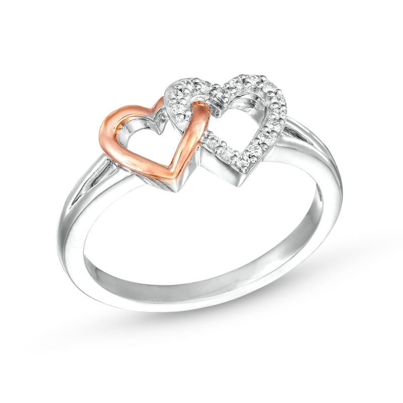 Main Image 1 of 1/10 CT. T.W. Diamond Interlocking Side-by-Side Hearts Ring in Sterling Silver and 10K Rose Gold