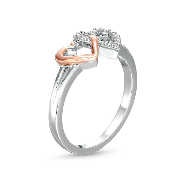 Main Image 3 of 1/10 CT. T.W. Diamond Interlocking Side-by-Side Hearts Ring in Sterling Silver and 10K Rose Gold