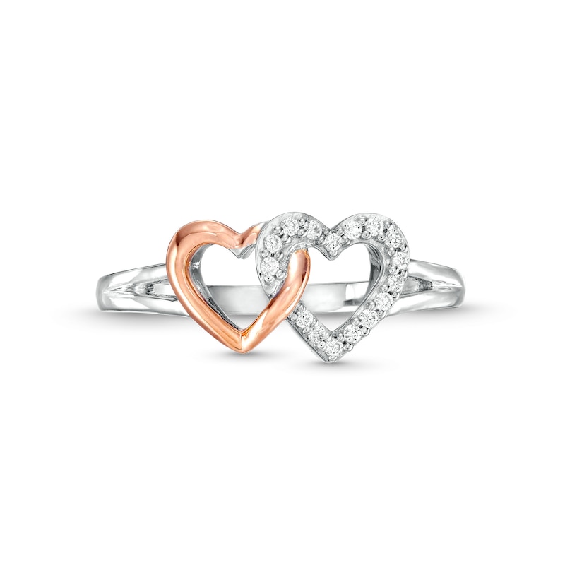 Main Image 4 of 1/10 CT. T.W. Diamond Interlocking Side-by-Side Hearts Ring in Sterling Silver and 10K Rose Gold