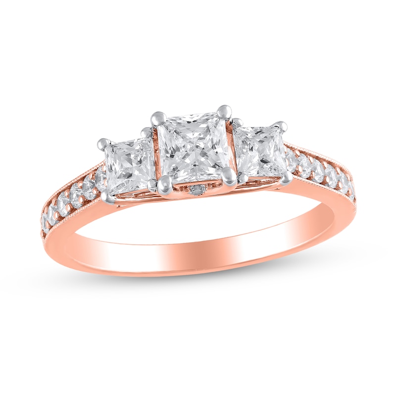 Main Image 1 of 1-1/5 CT. T.W. Princess-Cut Diamond Three Stone Vintage-Style Engagement Ring in 14K Rose Gold (I/I2)