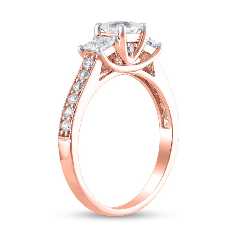 Main Image 2 of 1-1/5 CT. T.W. Princess-Cut Diamond Three Stone Vintage-Style Engagement Ring in 14K Rose Gold (I/I2)