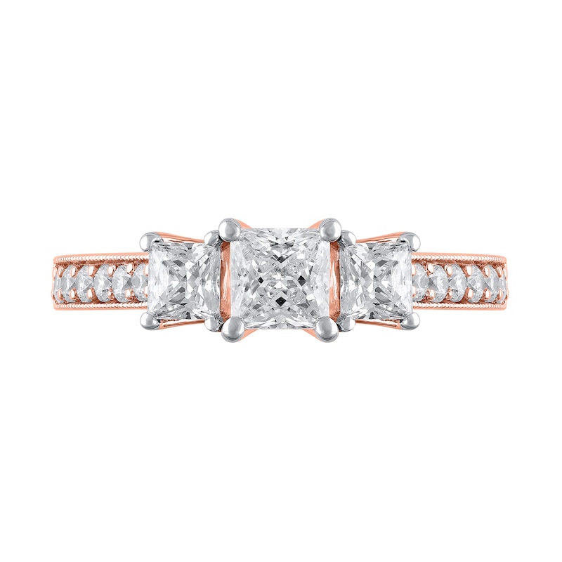 Main Image 3 of 1-1/5 CT. T.W. Princess-Cut Diamond Three Stone Vintage-Style Engagement Ring in 14K Rose Gold (I/I2)