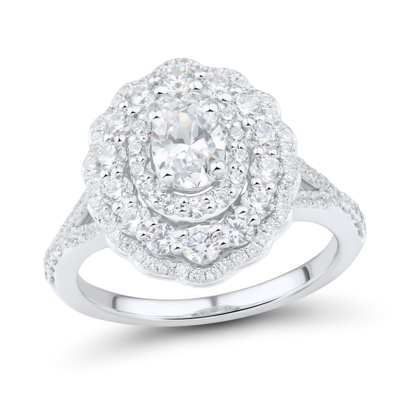 Main Image 1 of 1-1/2 CT. T.W. Oval Diamond Layered Scallop Frame Engagement Ring in 14K White Gold (I/I1)