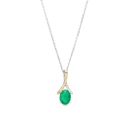 Oval Emerald and Diamond Accent Ribbon Bail Pendant in Sterling Silver and 10K Gold