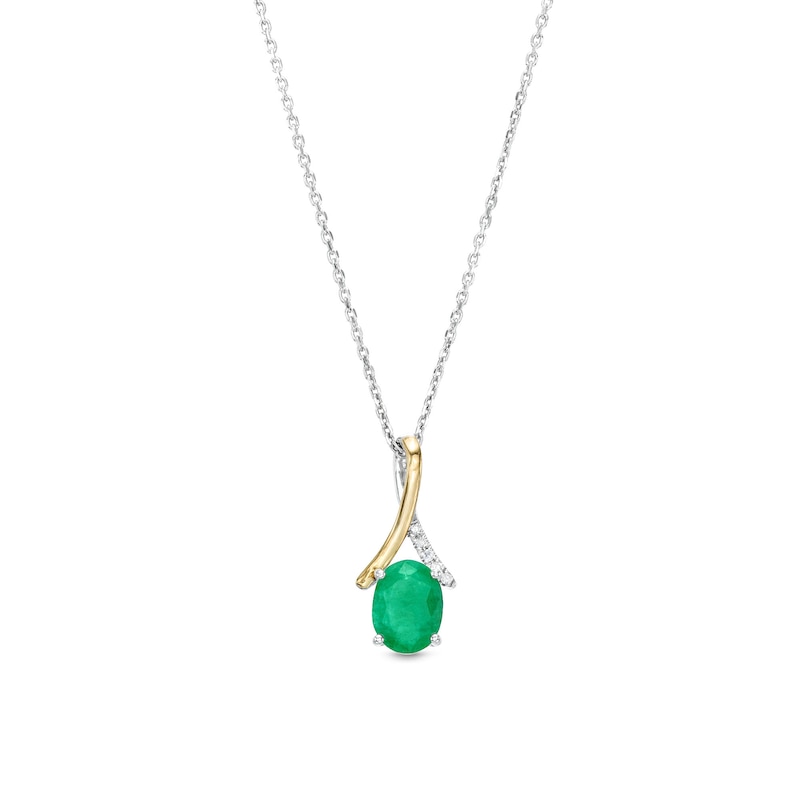 Main Image 1 of Oval Emerald and Diamond Accent Ribbon Bail Pendant in Sterling Silver and 10K Gold