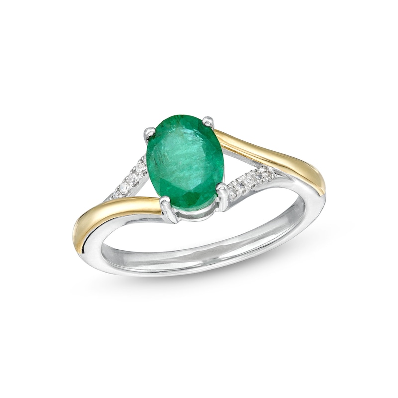 Oval Emerald and Diamond Accent Split Shank Ring in Sterling Silver and 10K Gold