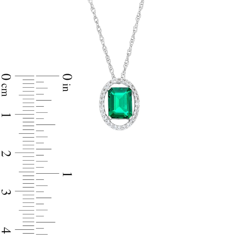 Main Image 3 of Emerald-Cut Lab-Created Emerald and White Lab-Created Sapphire Oval Frame Pendant in Sterling Silver