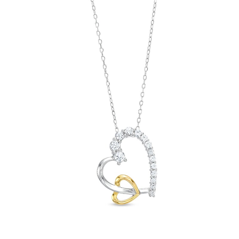 Main Image 1 of White Lab-Created Sapphire Interlocking Tilted Hearts Pendant in Sterling Silver and 18K Gold Plate