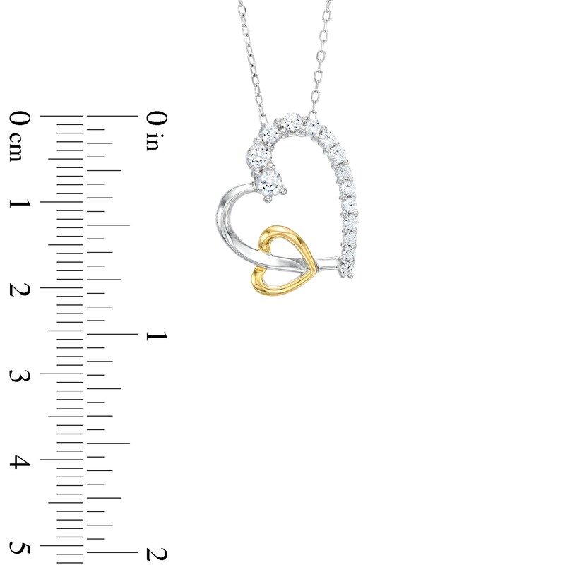 Main Image 3 of White Lab-Created Sapphire Interlocking Tilted Hearts Pendant in Sterling Silver and 18K Gold Plate