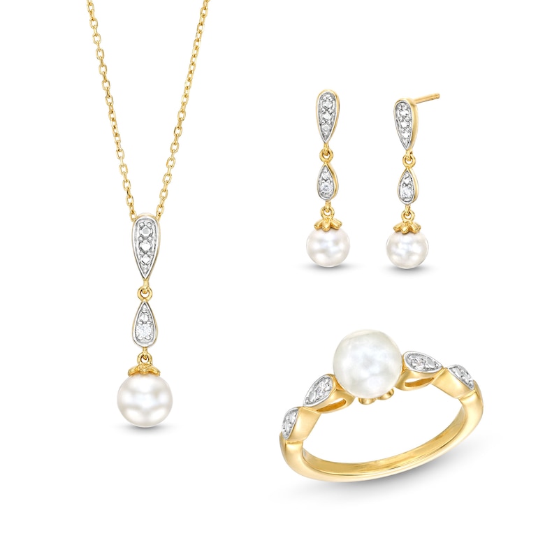 Freshwater Cultured Pearl and 1/15 CT. T.W. Diamond Pendant, Ring and Earrings in Sterling Silver with 10K Gold Plate