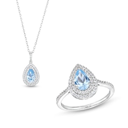 Pear Blue Lab-Created Spinel and White Lab-Created Sapphire Teardrop Frame Pendant and Ring Set in Sterling Silver