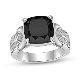 11.0mm Cushion-Cut Onyx and White Topaz Loop Collar Double Row Split Shank Ring in Sterling Silver