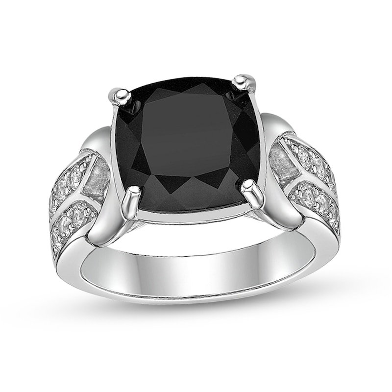 Main Image 1 of 11.0mm Cushion-Cut Onyx and White Topaz Loop Collar Double Row Split Shank Ring in Sterling Silver